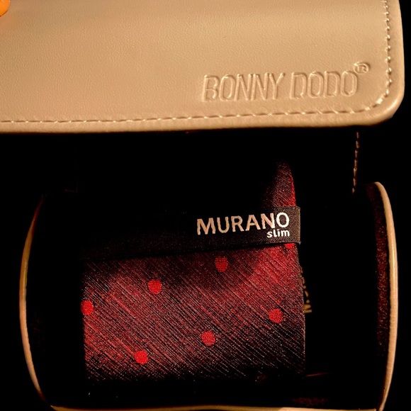 2Pc Murano High Sheen Red/black Tie& Leather Tie Case - Picture 8 of 10